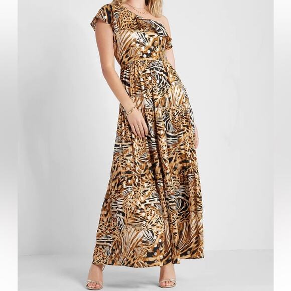 NWT Rachel Zoe X Express Metallic Animal Print One Shoulder Maxi Dress - Picture 1 of 11